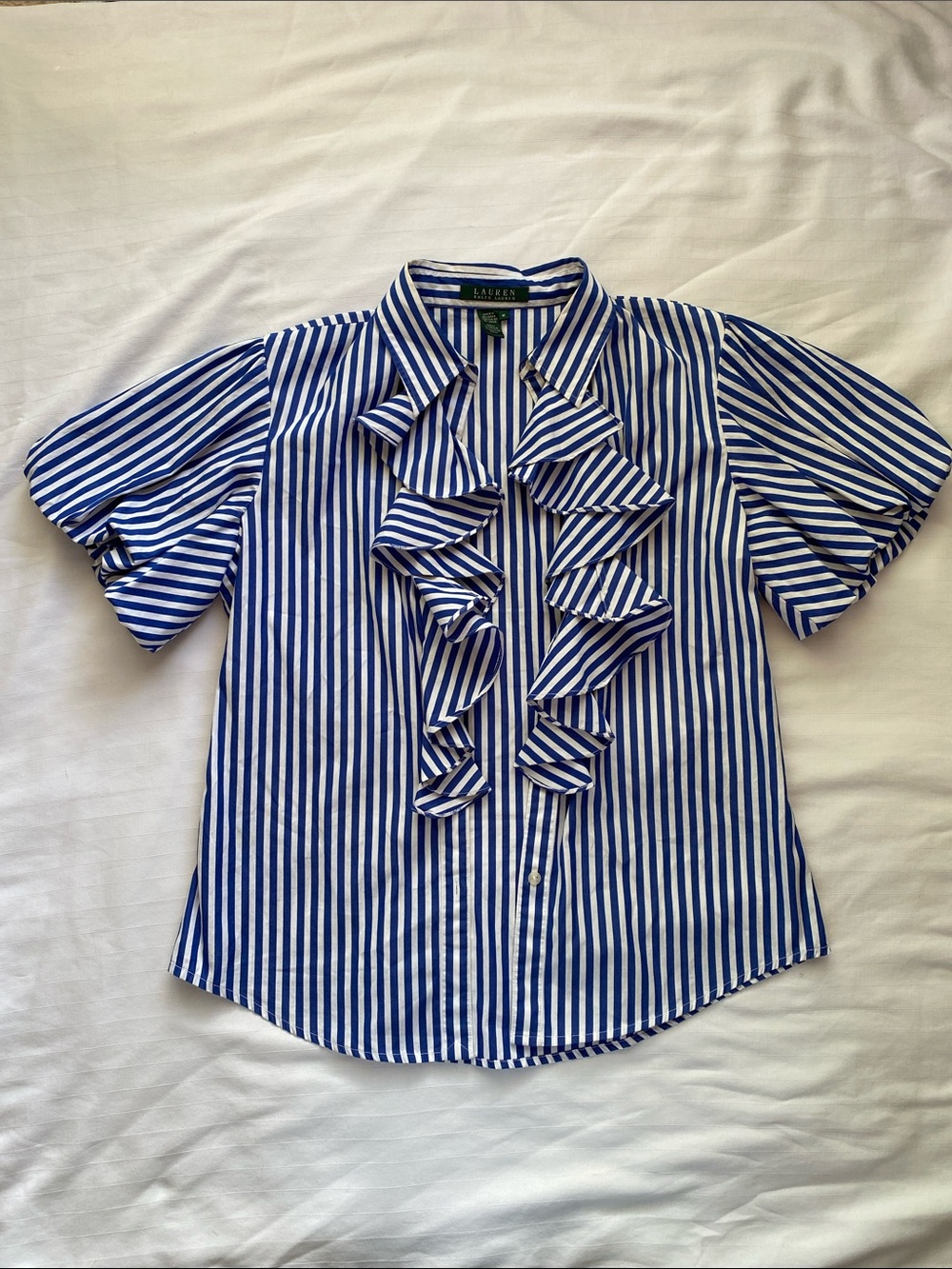 Ralph Lauren Blue & White Vertical Stripe Ruffle Front Blouse